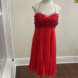 Red Spaghetti-Strap Mini Dress with Floral Lace Bodice